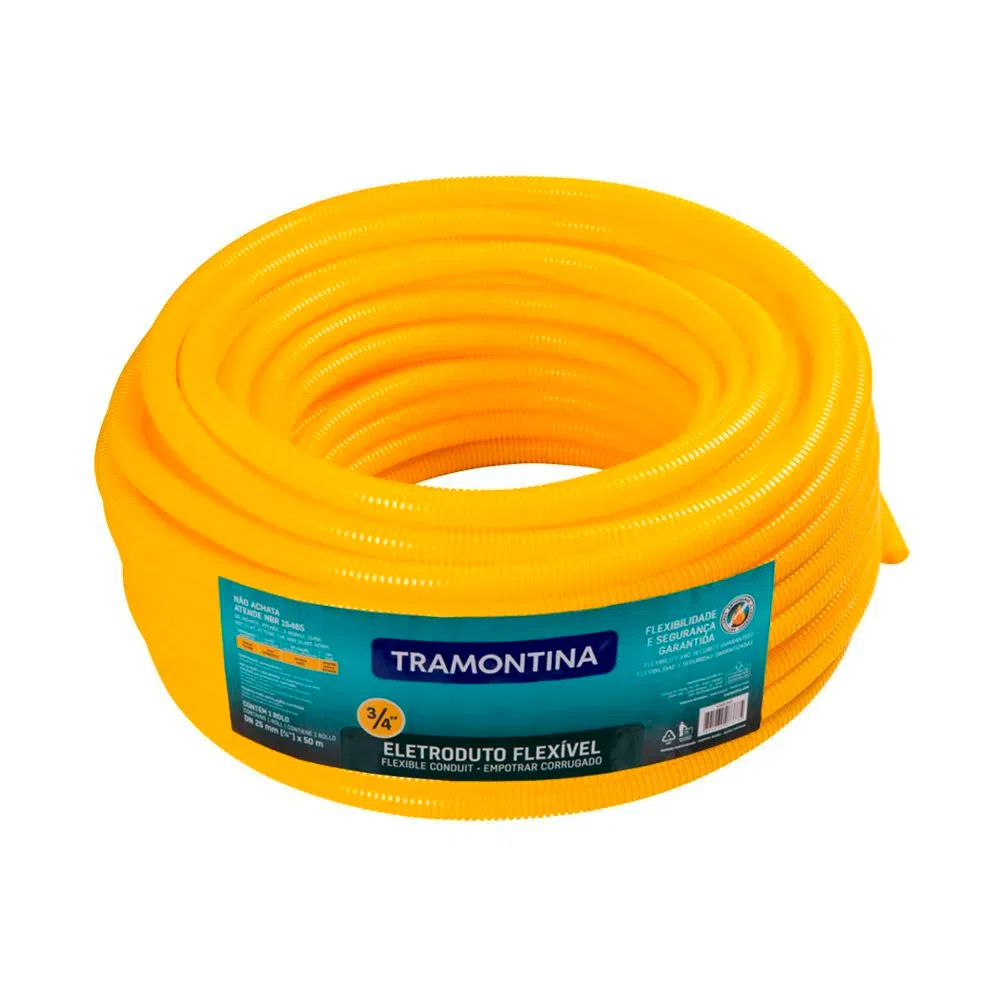 Eletroduto Corrugado Flexível PVC com 50 Metros DN25 ou 3/4´´ Amarelo - Tramontina